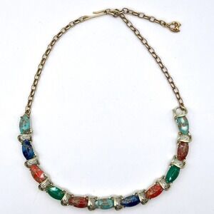 Vintage Gold Tone Necklace with Multicolor Foil Glass‎ Cabochons 16" Adjustable